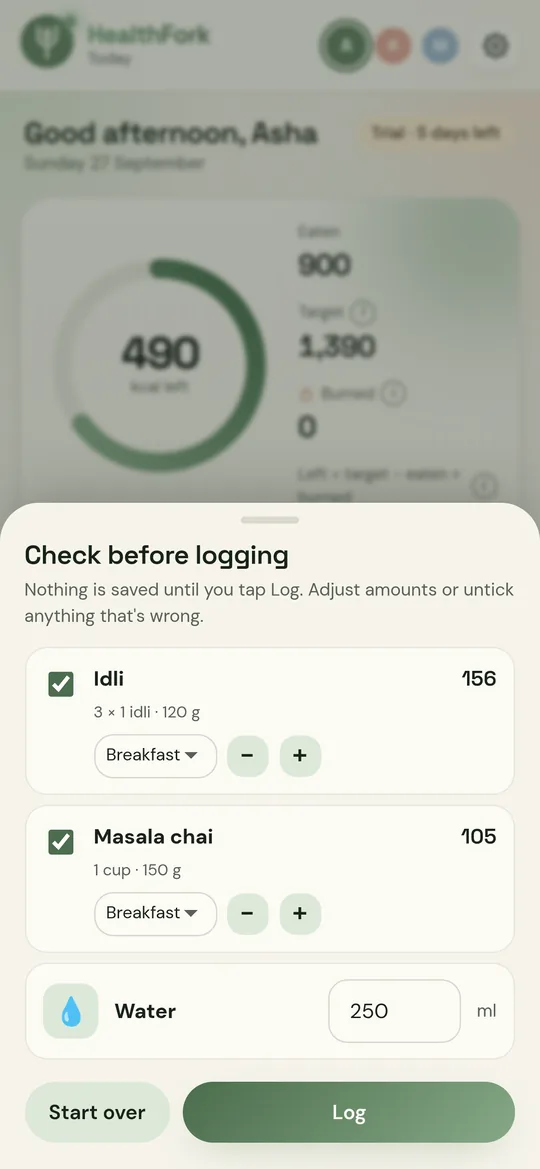 Voice log confirmation showing idli and masala chai added to breakfast
